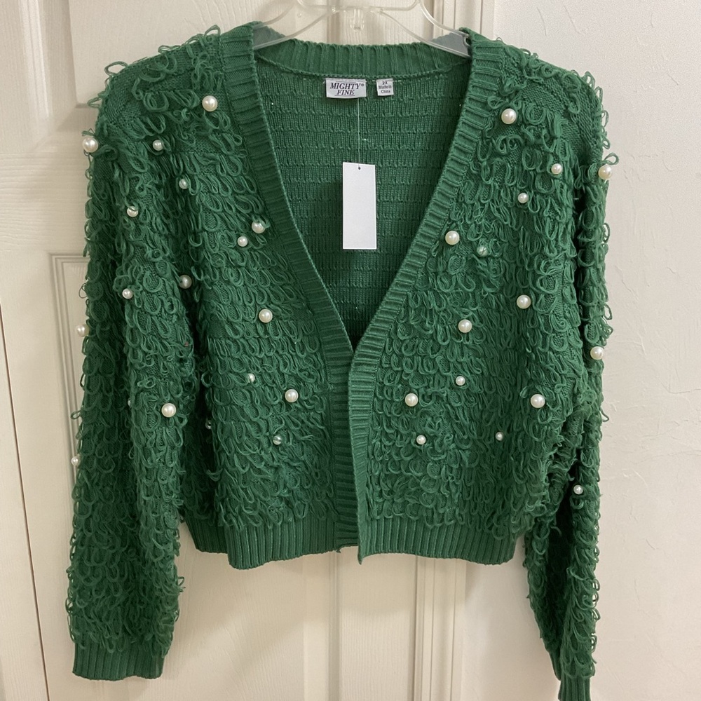 Wicked Green Holiday Sweater w/ large pearls NWT 2X